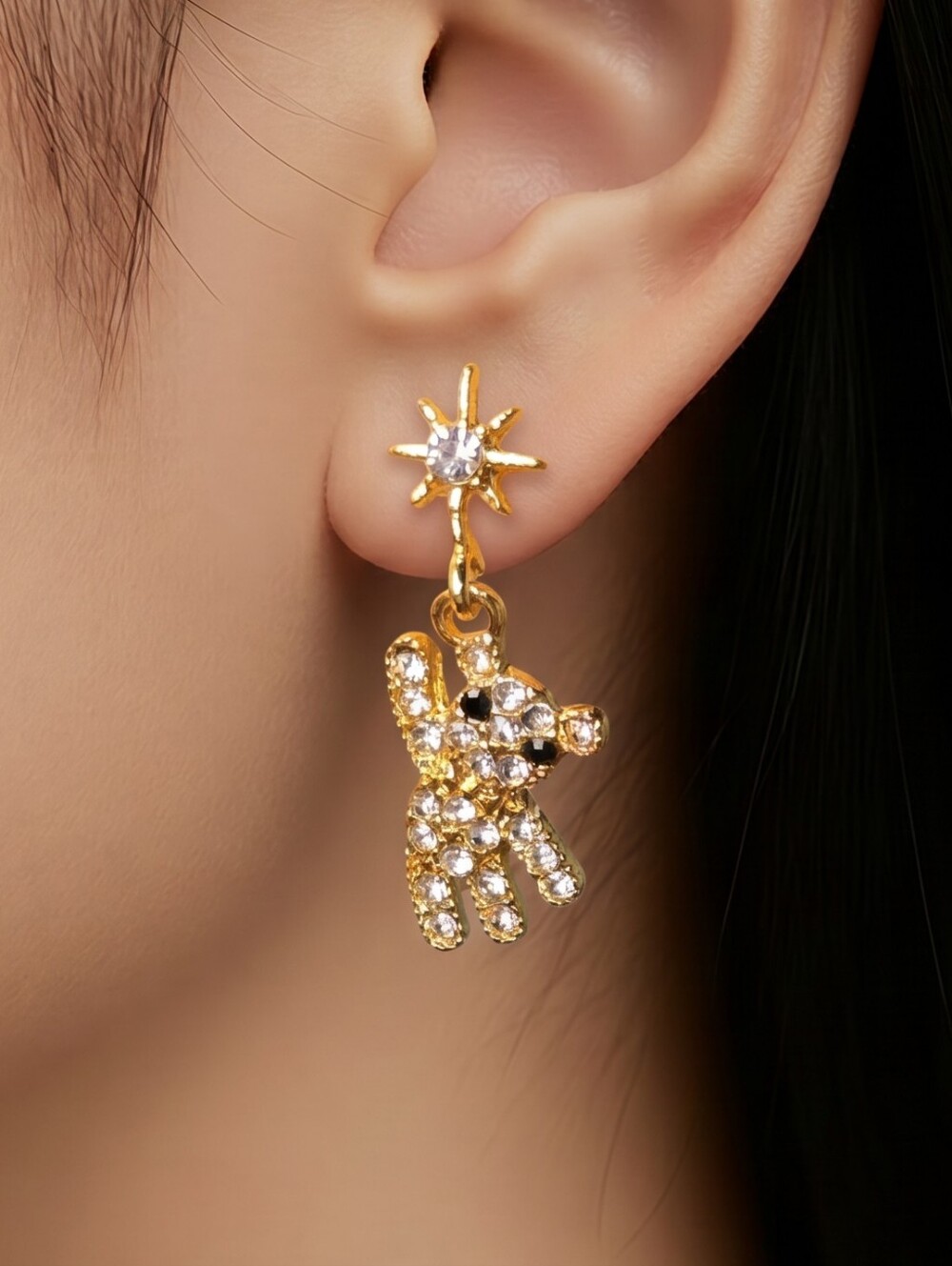 Teddy Bear - Reach for the Stars - Rhinestone Earrings Cute Korean Style Jewelry
